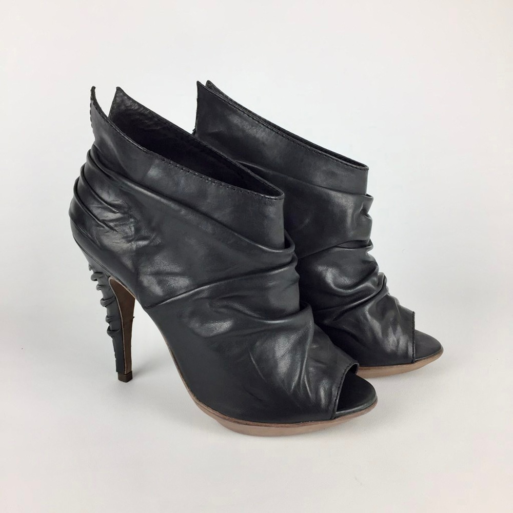 AllSaints Shri Black Pleated Leather Peep Toe Ankle Bootie 38 7